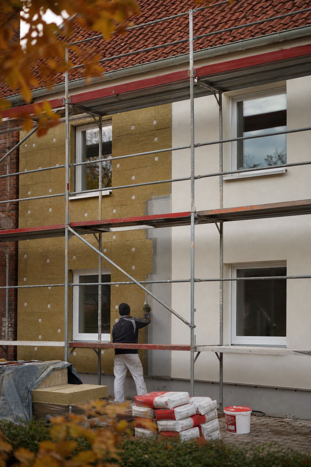Fassade mit Wärmedämmverbundsystem in Bearbeitung