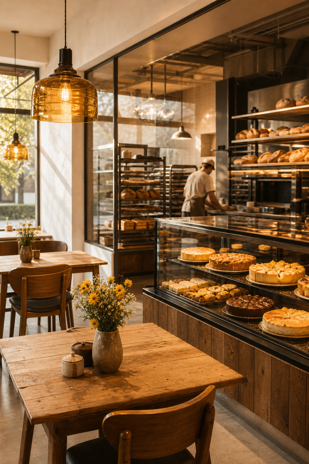 Das Backhauscafé von Bäckerei Remke mit Blick in die gläserne Backstube.